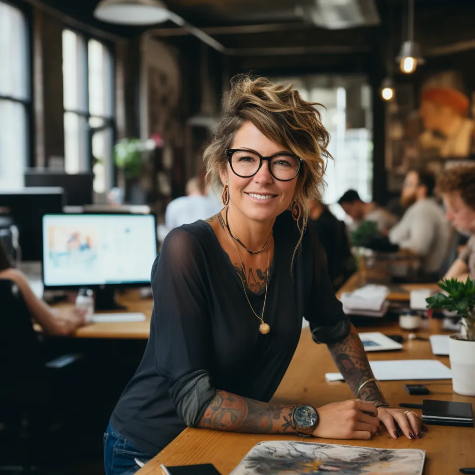 Joana Batista sorrindo no escritório