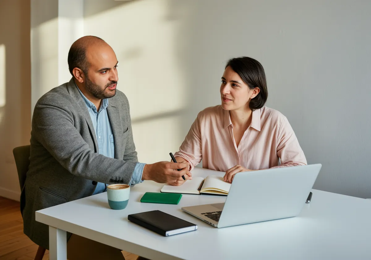 Sessão de coaching entre duas pessoas sorrindo